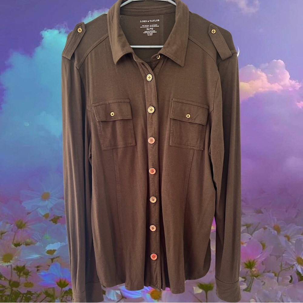 Lord Taylor long sleeve brown button up gold military style classy cute top